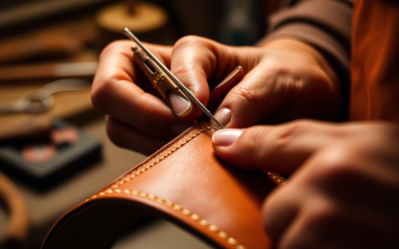 Manos artesanas trabajando el cuero